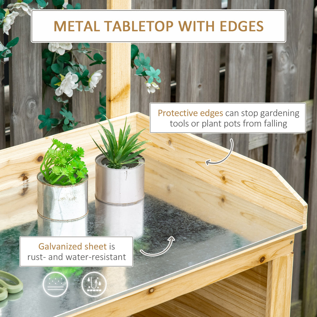 MCL Garden Potting Bench Table, Wooden Workstation Bench w/ Galvanized Metal Tabletop, Storage Shelves and Hooks, Natural