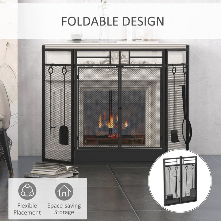 HOMCOM 3 Panel Folding Fire Guard, Steel Fireplace Screen with Double Door and Mesh Design for Open Fire, 122W x 80H cm, Black | Aosom UK