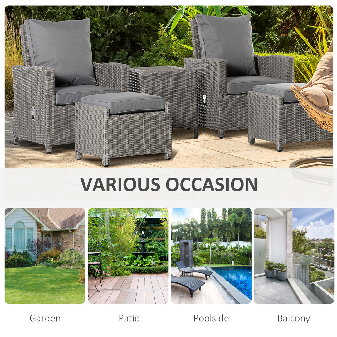 5 Pieces Outdoor PE Rattan Garden Furniture with Cushions, Patio Lounge Adjustable Backrest Chairs, Footstools and Cooler Bar Coffee Table & Cover, Grey