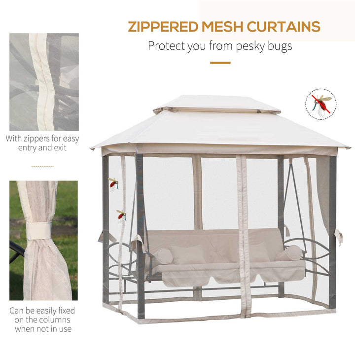 2-in-1 Convertible Gazebo Swing Chair Bed W/Netting, 245Lx165Wx243H cm-Beige/Black