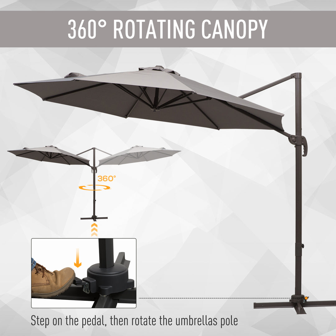 Outsunny 3M Roma Umbrella Sun Shade Cantilever Hanging Parasol w/ Cross Base Hand Crank Aluminium Frame 360°Rotation - Grey | Aosom UK