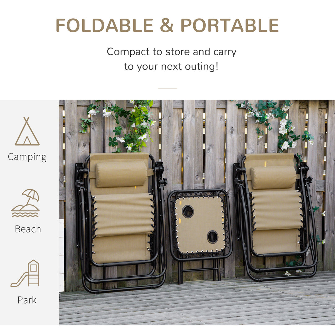 MCL Folding Zero Gravity Chairs, 3 Pieces Adjustable Sun Lounger and Table Set with Cup Holder and Headrest, Patio Bistro Set with Reclining Garden Chairs for Outdoor, Beige