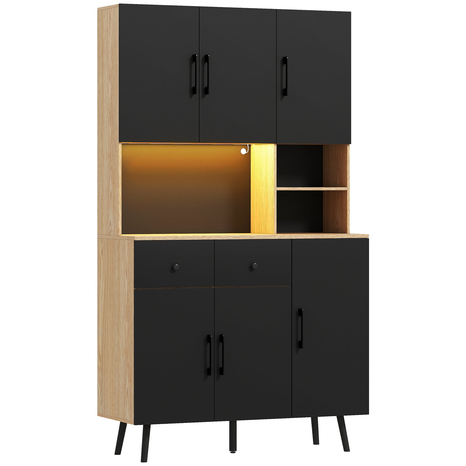 176 cm Kitchen Cupboard with LED Lights - Oak and Black