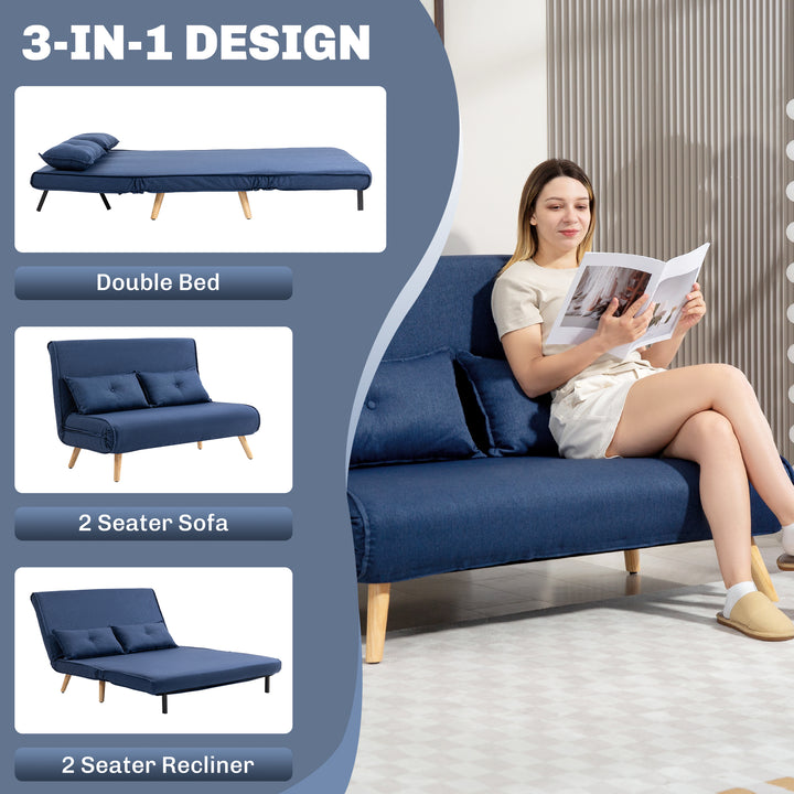 Two-Seater Linen-Look Sofa Bed - Dark Blue