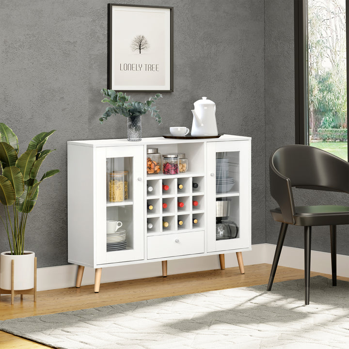 Modern Sideboard Storage Cabinet Kitchen Cupboard Dining Bar Server with Glass Doors, Drawer & 12-Bottle Wine Rack for Living Room, White