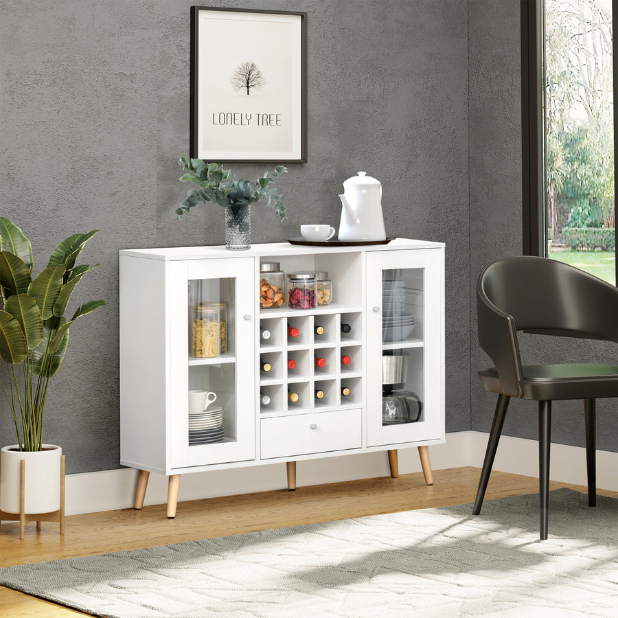 Modern Sideboard Storage Cabinet Kitchen Cupboard Dining Bar Server with Glass Doors, Drawer & 12-Bottle Wine Rack for Living Room, White