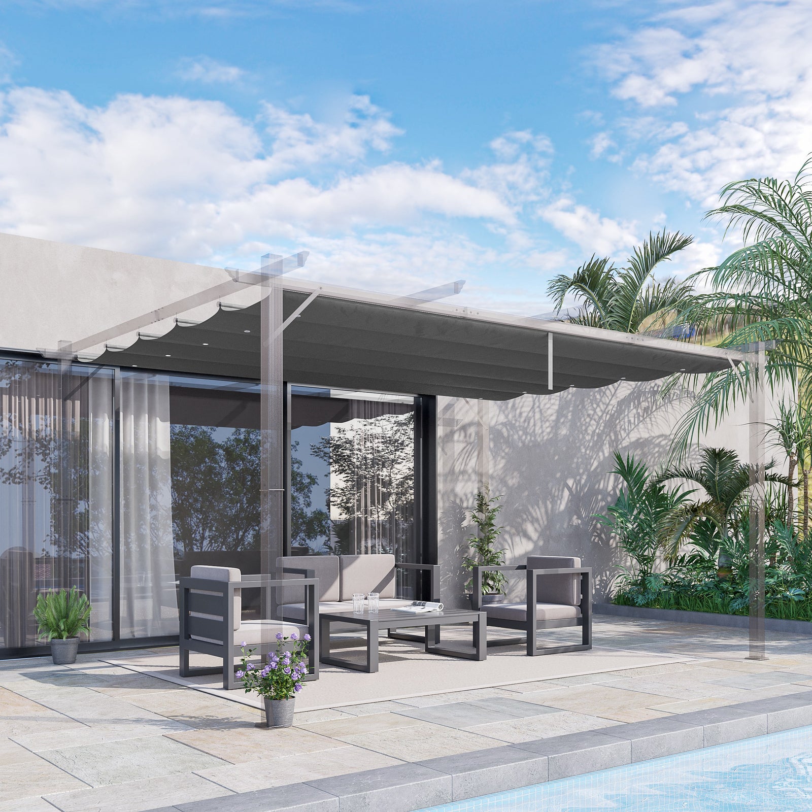 Retractable Pergola Shade Cover, Replacement Canopy for 4 x 3 (m) Pergola, Retractable Roof, Dark Grey