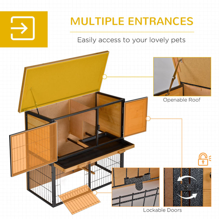 Guinea Pig Hutch Rabbit Hutch Wood-metal Elevated Pet House Bunny Cage with No-Leak Tray Ramp Openable Roof Outdoor 89.5 x 45 x 81cm Light Yellow