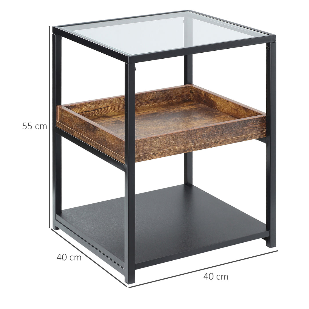 Industrial Side Table, 3-Tier End Table with Glass Top, Storage Shelves, Nightstand with Steel Frame for Bedroom, Living Room, Rustic Brown