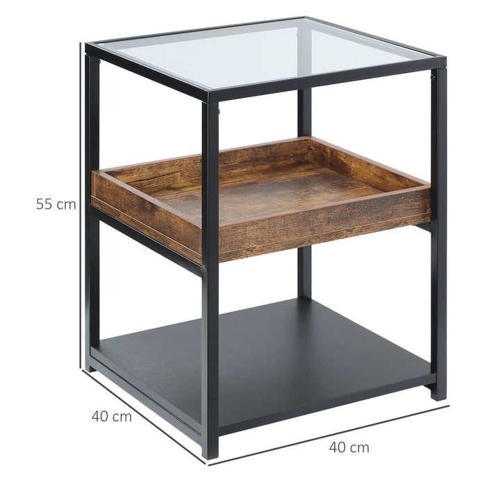 Industrial Side Table, 3-Tier End Table with Glass Top, Storage Shelves, Nightstand with Steel Frame for Bedroom, Living Room, Rustic Brown