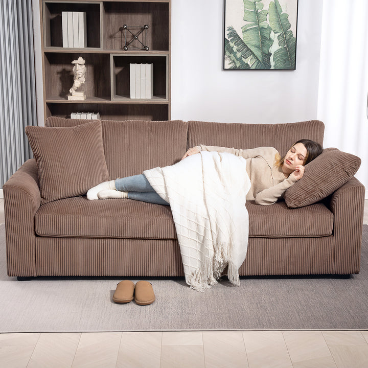 Modern 3 Seater Sofa with Spring Cushion, 212 cm Fabric Jumbo Cord Sofa Couch with 2 Scatter Cushions, Upholstered Corduroy Settee for Living Room, Bedroom, Home Office, Coffee