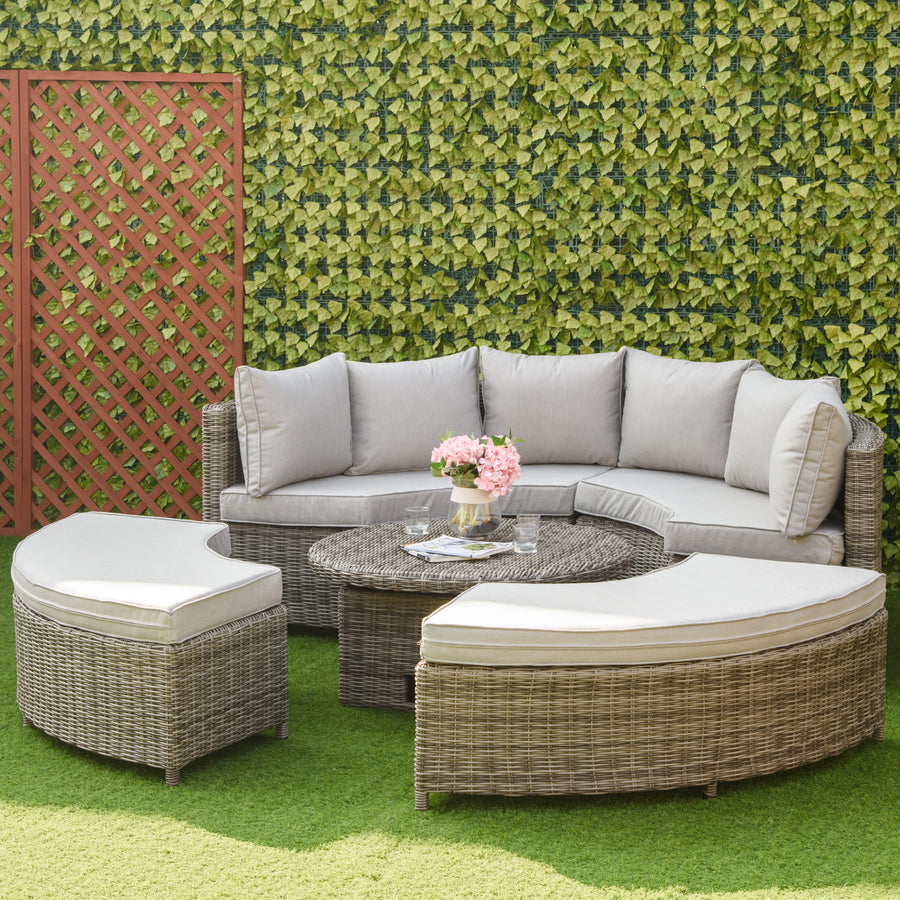 5 Pieces Outdoor PE Rattan Round Garden Daybed with Cushions, Aluminium Patio Furniture Set Lounge Chair Conversation Sofa Set with Liftable Coffee Table and Protect Cover, Grey