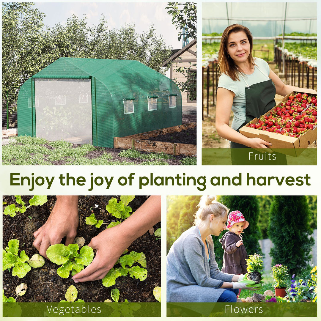 MCL Walk-in Polytunnel Garden Greenhouse, Outdoor Mesh Door Greenhouse with PE Cover and 6 Windows, 3.5 x 3 x 2m, Green
