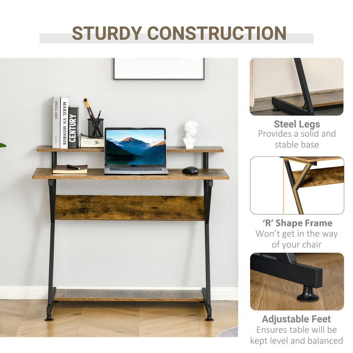 HOMCOM Compact Computer Desk, R Shape, 100cm, with Monitor Shelf and Storage, Ideal for Home Office, Gaming, Study, Brown | Aosom UK