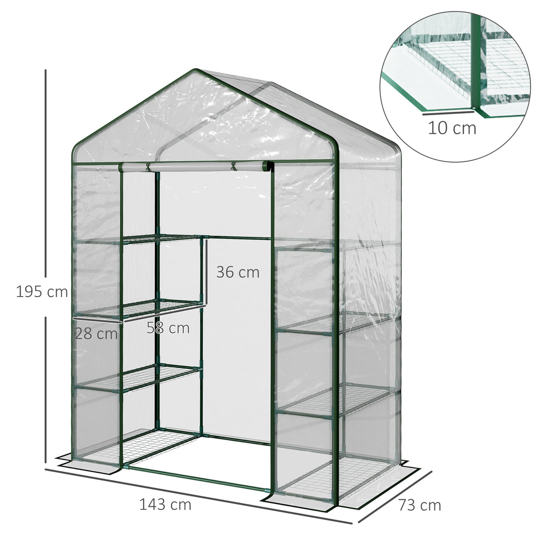 Walk in Greenhouse with 4-Tier 8 Shelves, Green House with Hemmed Cover, Roll-up Zipped Door, Steel Frame, 143 x 73 x 195cm