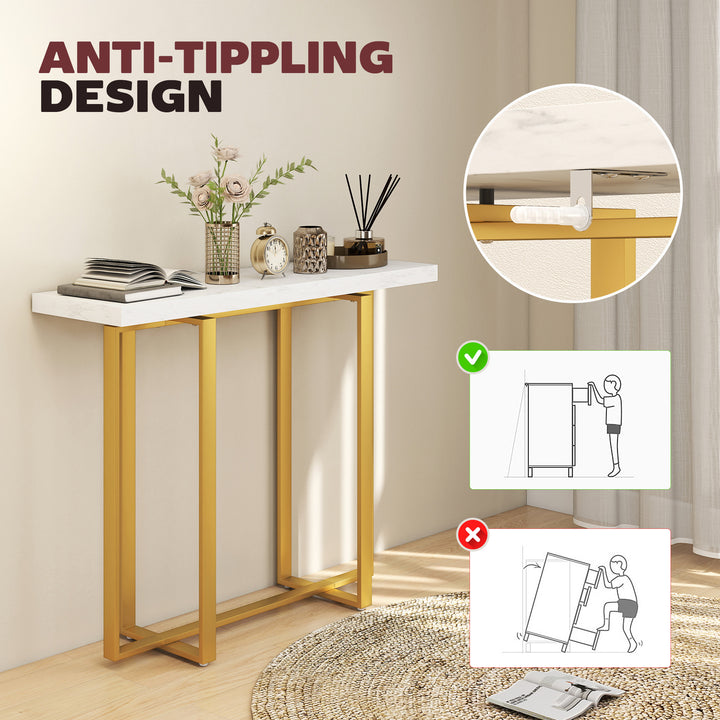 Console Table with Faux Marble Top, 100 cm Narrow Entryway Table with Anti-tipping Device, Steel Frame