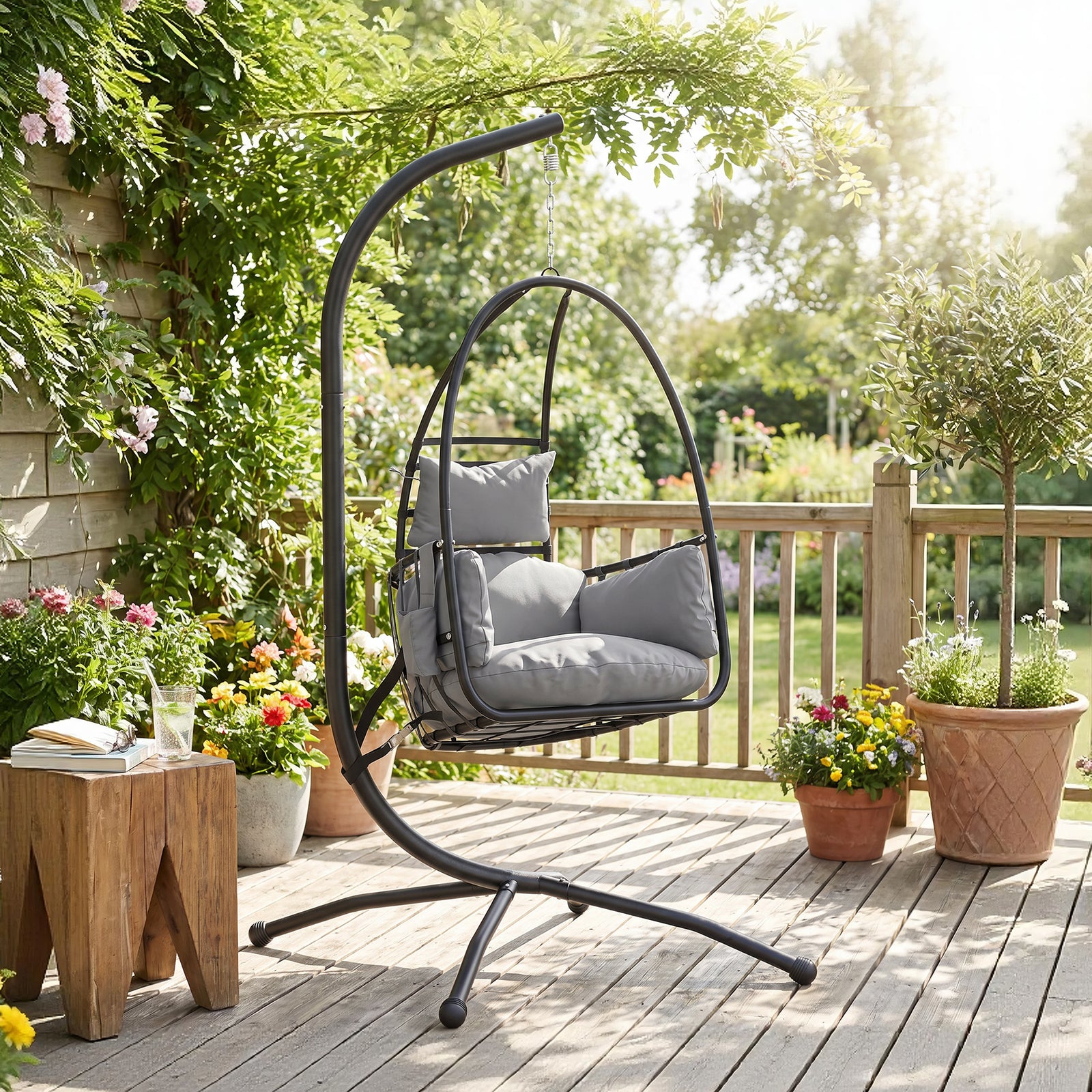 Hanging Egg Chair, Indoor Outdoor Swinging Hammock Chair with Stand, F