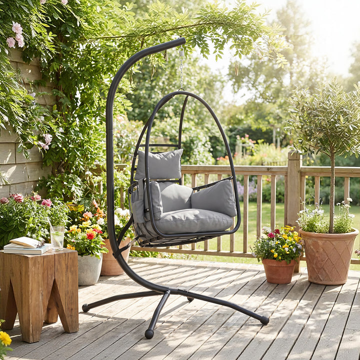 Hanging Egg Chair, Indoor Outdoor Swinging Hammock Chair with Stand, F
