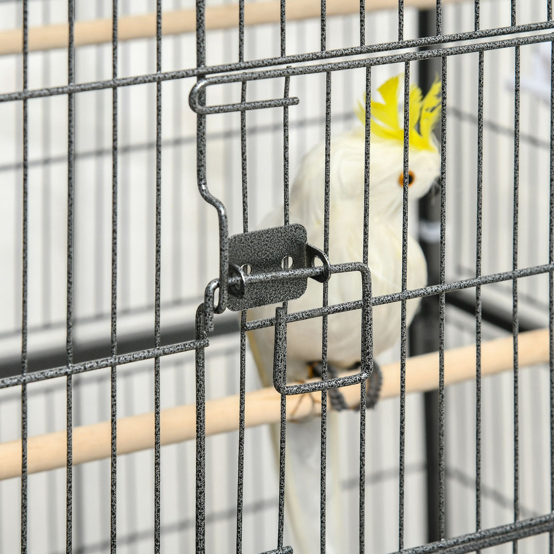 PawHut Large Bird Cage Budgie Cage for Finch Canaries Parakeet w/ Rolling Stand, Slide-out Tray, Shelf, Food Containers, Dark Grey | Aosom UK