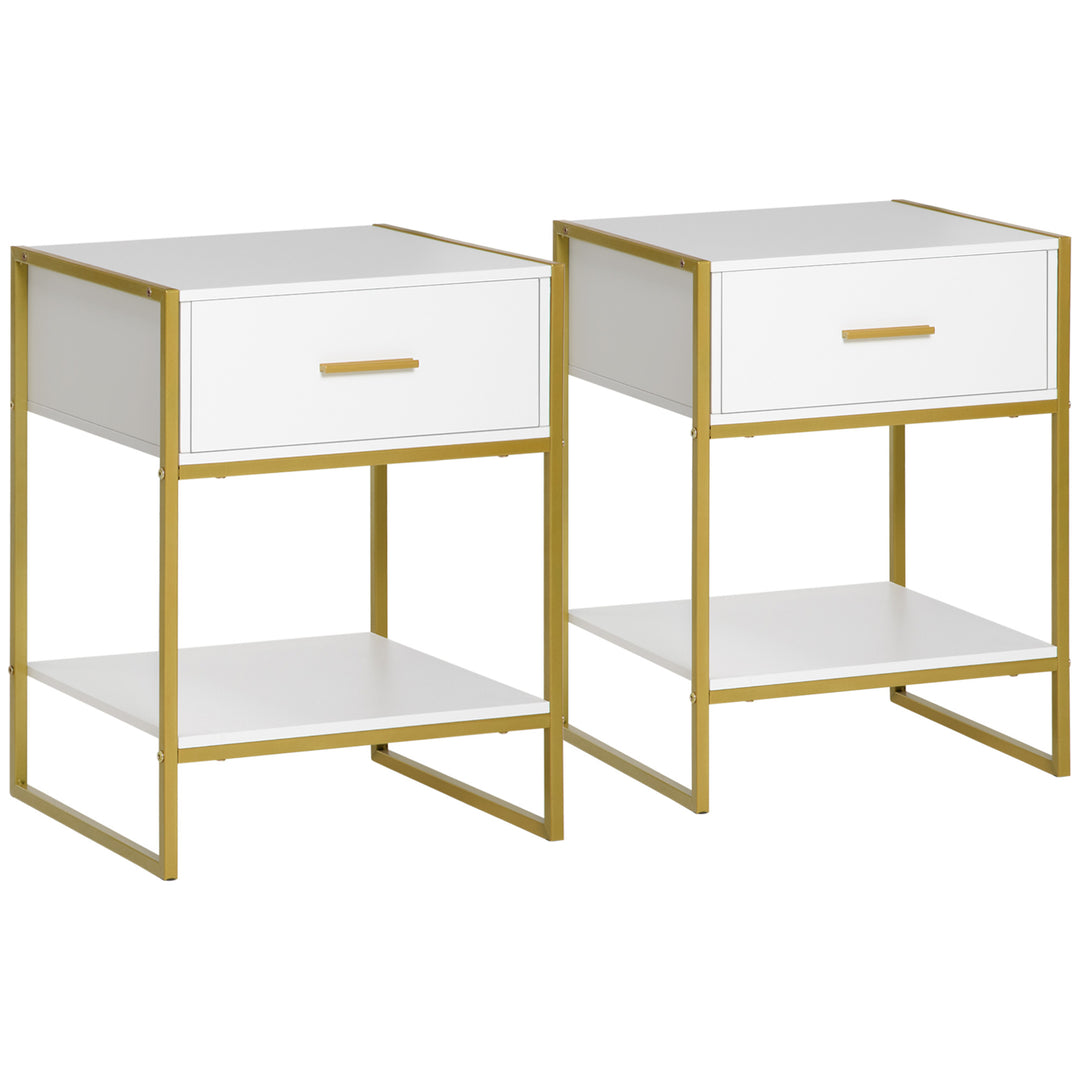 Modern Bedside Table, Nightstand with Drawer Shelf, Side Table for Living room, Bedroom White and Gold, Set of 2
