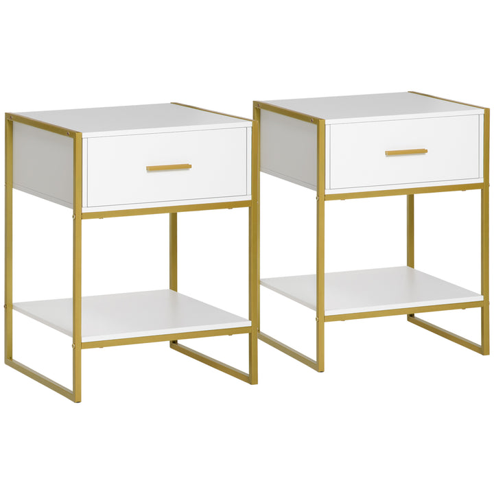 Modern Bedside Table, Nightstand with Drawer Shelf, Side Table for Living room, Bedroom White and Gold, Set of 2