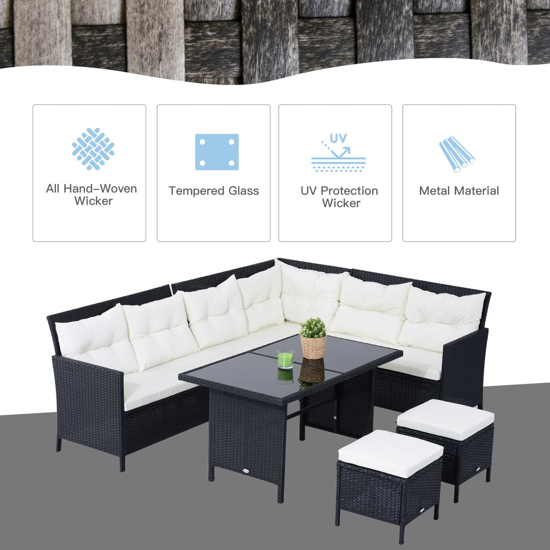 8-Seater Garden Rattan Furniture Rattan Corner Dining Sofa Set Wicker Conservatory Furniture Lawn Patio Coffee Table Foot Stool w/Cushion-Black