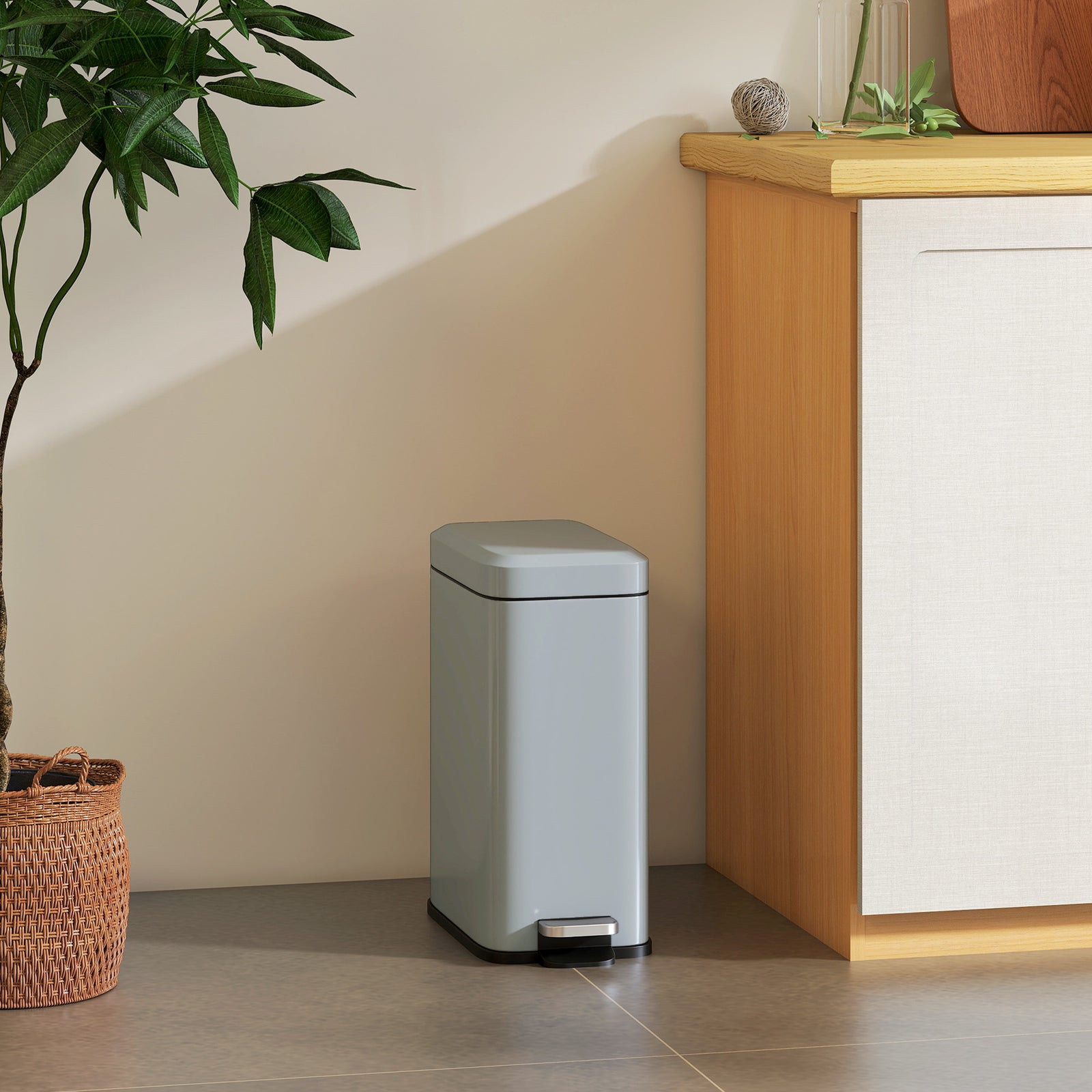 5L Rectangular Compact Bin Steel Body Removable Bucket Quiet-Close Lid w/ Pedal Lid Rubbish Trash Can Home Office Bedroom Bathroom Living Room Garbage Tidy Clean Grey
