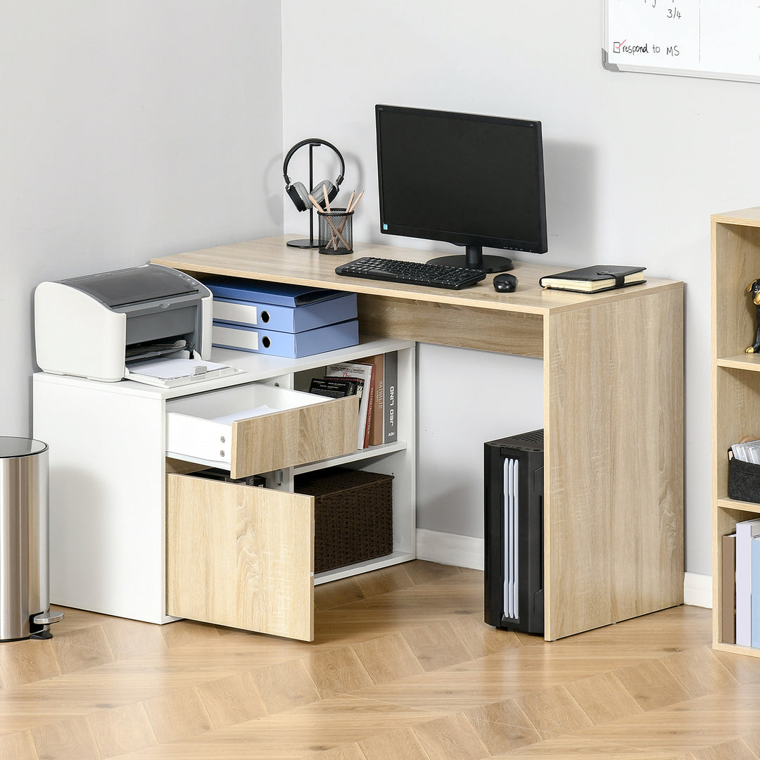 HOMCOM L-Shaped Corner Computer Desk, Oak and White Study Table with Storage Shelf, Drawer for Home Office | Aosom UK