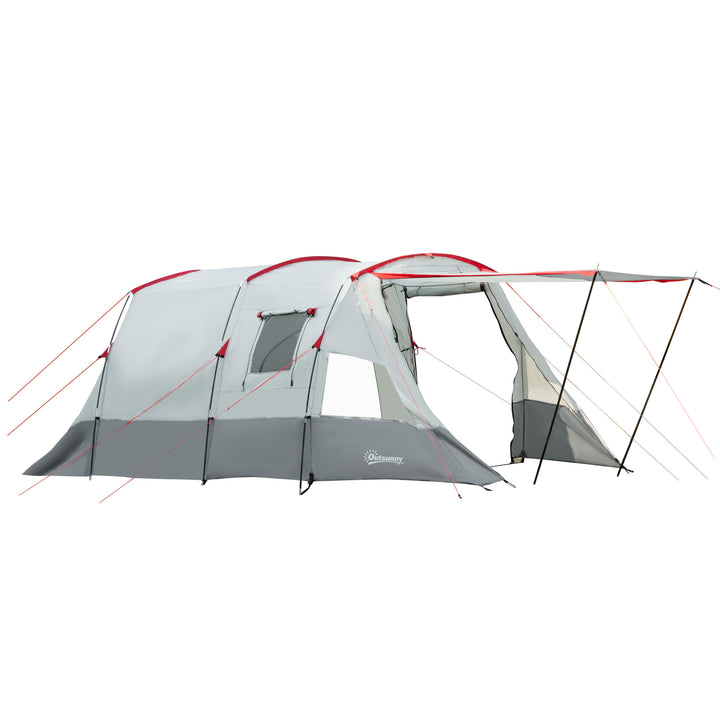 Outsunny 6-8 Person Tunnel Tent, Camping Tent with Bedroom, Living Room, Sewn-in Floor, 3 Doors and Carry Bag, 2000mm Water Column for Fishing, Grey