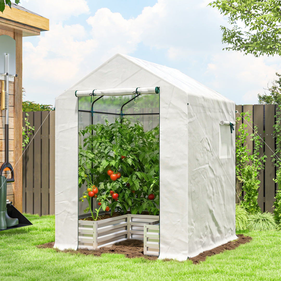 Small Greenhouse with Raised Garden Bed, Galvanised Walk-in Greenhouse with Roll Up Windows, 141 x 141 x 190 cm