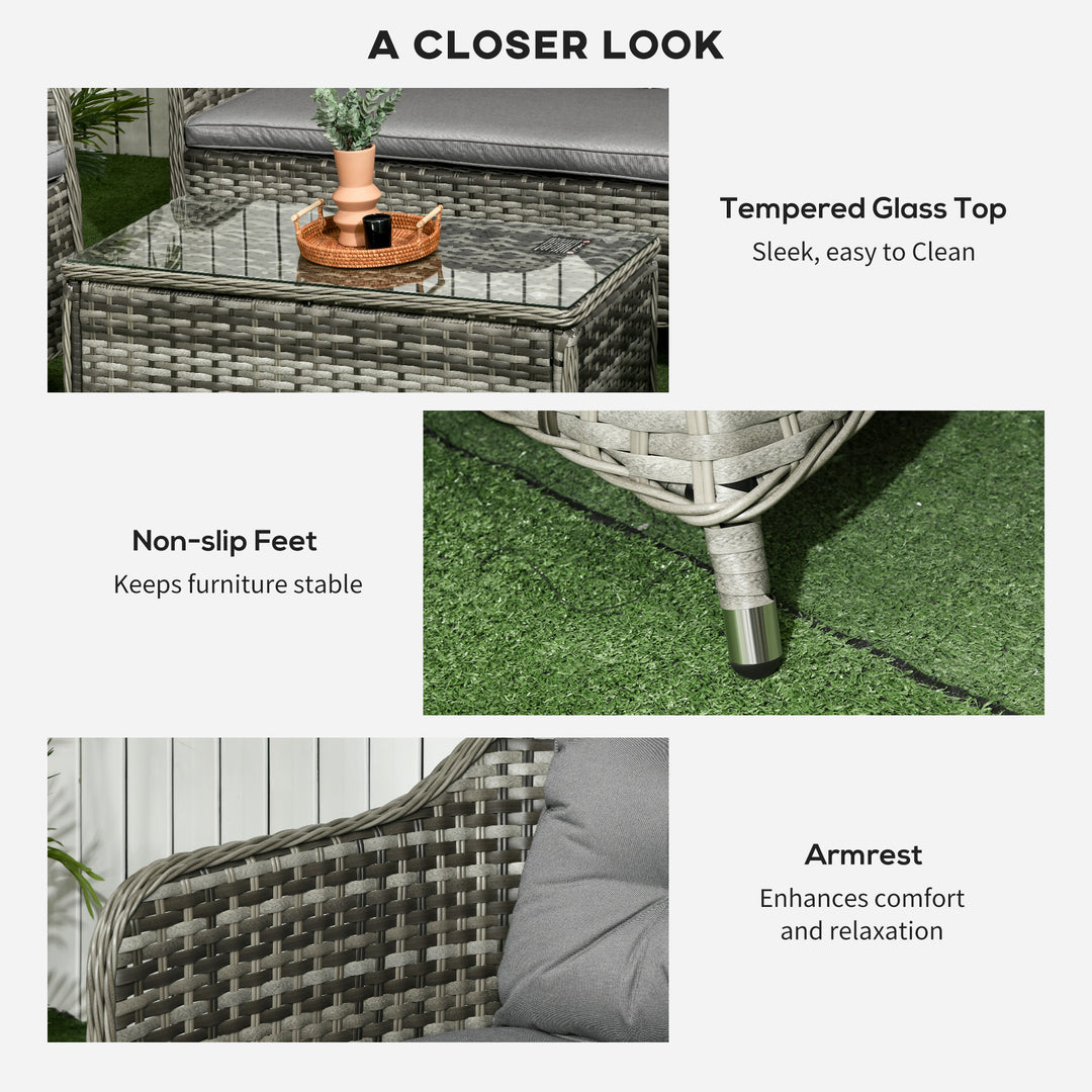 Four-Piece Rattan Sofa Set, with Glass-Top Table - Mixed Grey