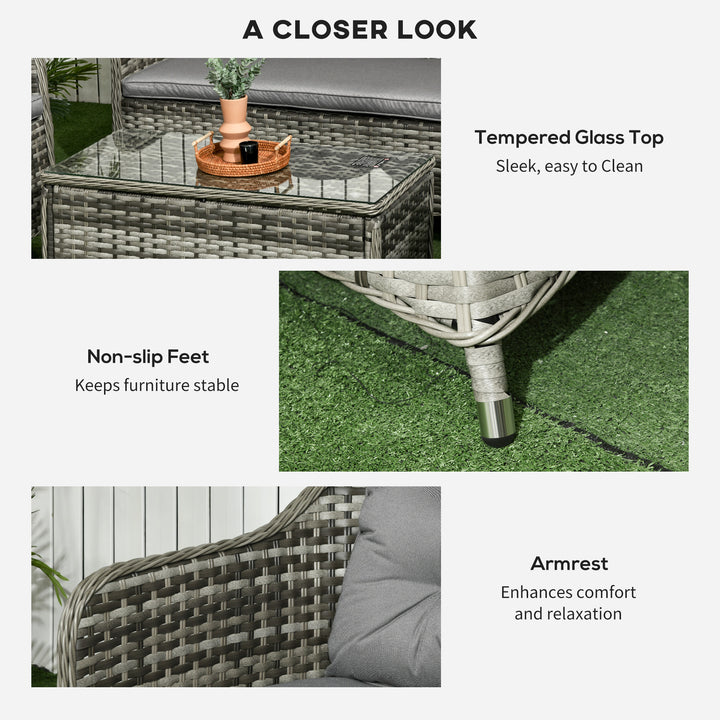 Four-Piece Rattan Sofa Set, with Glass-Top Table - Mixed Grey