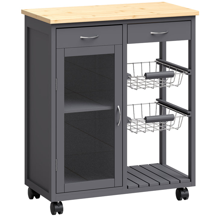 Bamboo Kitchen Island, Rolling Kitchen Trolley with Glass Door, 2 Meta