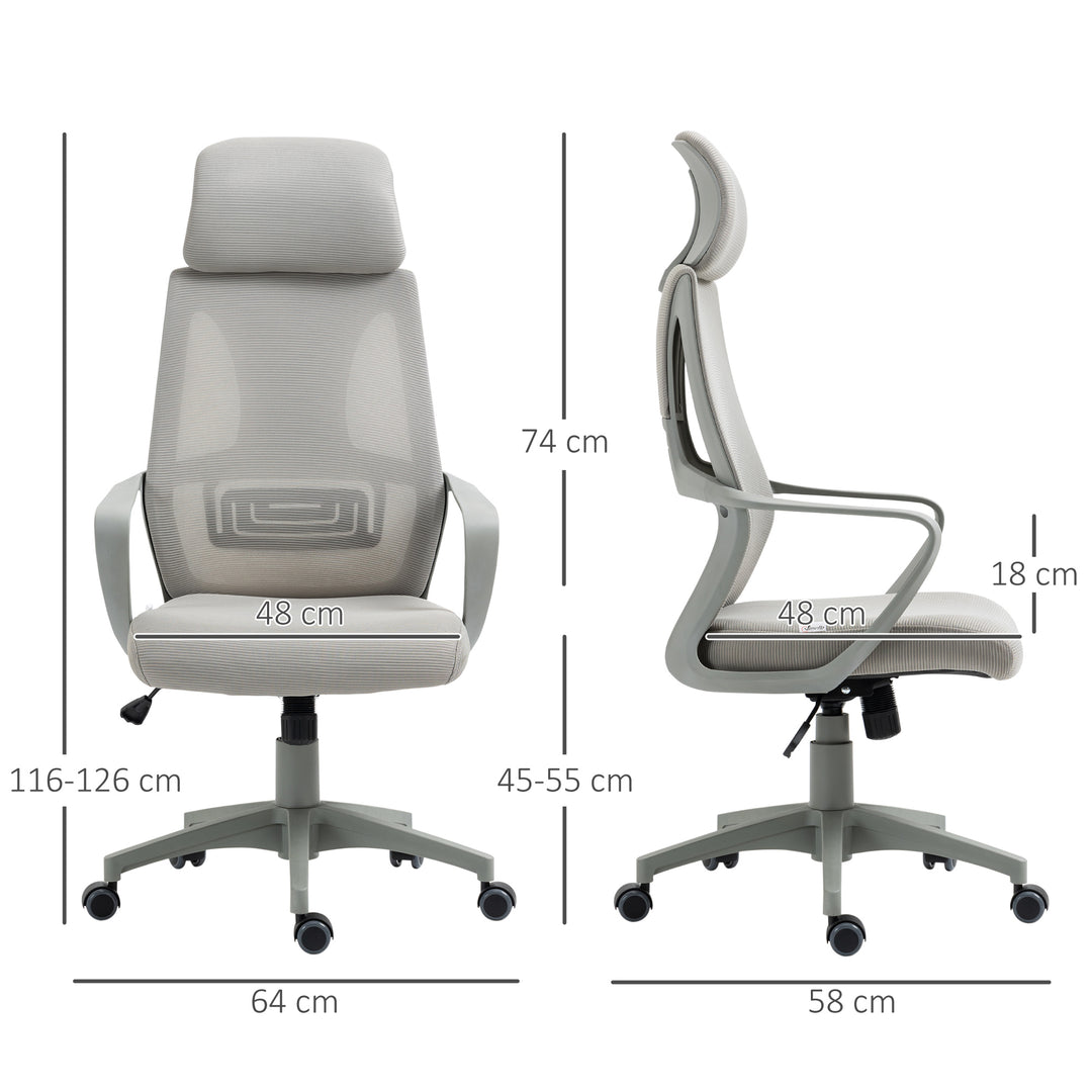 Ergonomic Office Chair, High Back Computer Chair, Mesh Desk Chair with Lumbar Support, Headrest, Wheel, Adjustable Height, Grey