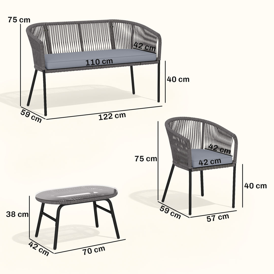 4 Piece Garden Furniture Set, Rope Garden Sofa Set with 1 Loveseat 2 C