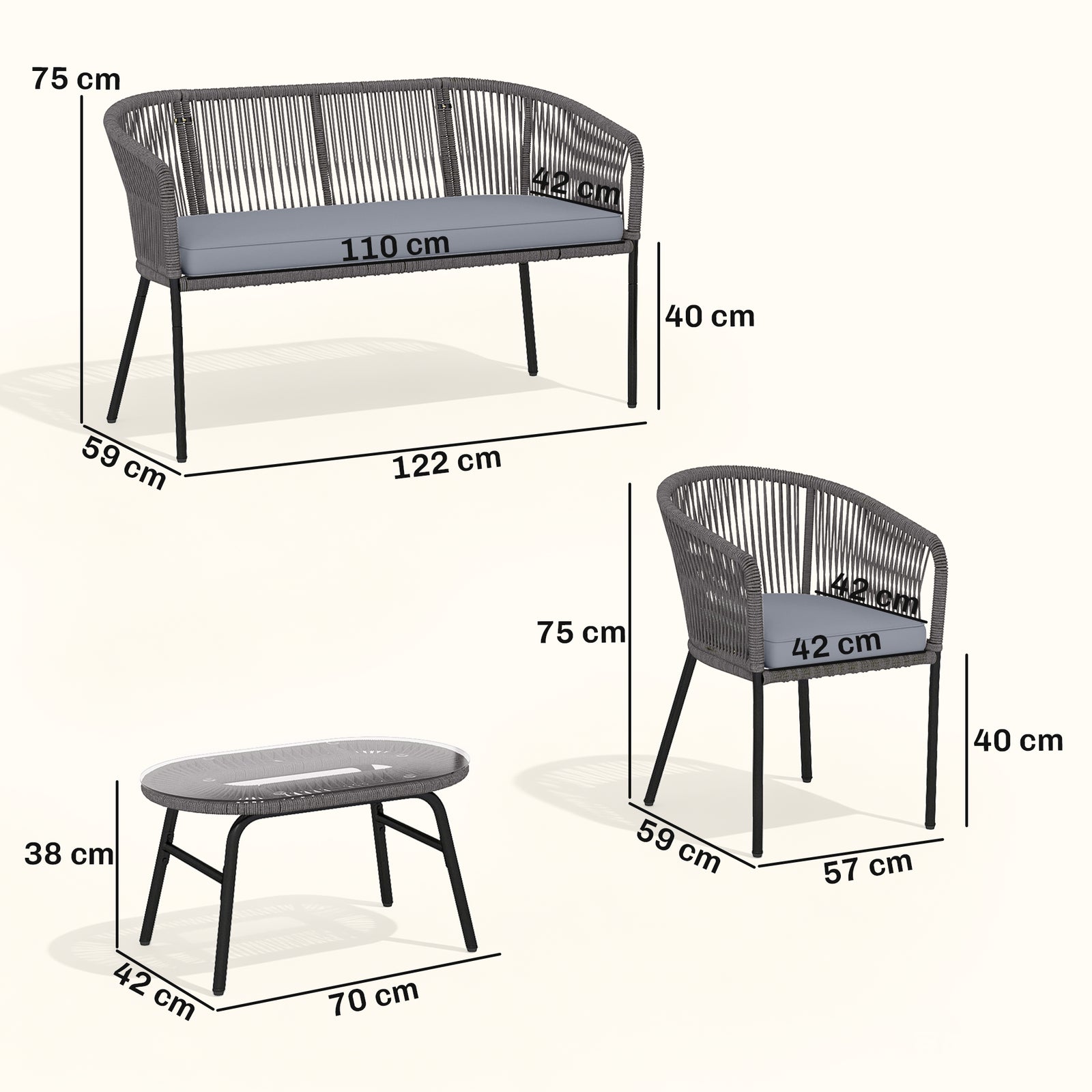 4 Piece Garden Furniture Set, Rope Garden Sofa Set with 1 Loveseat 2 C