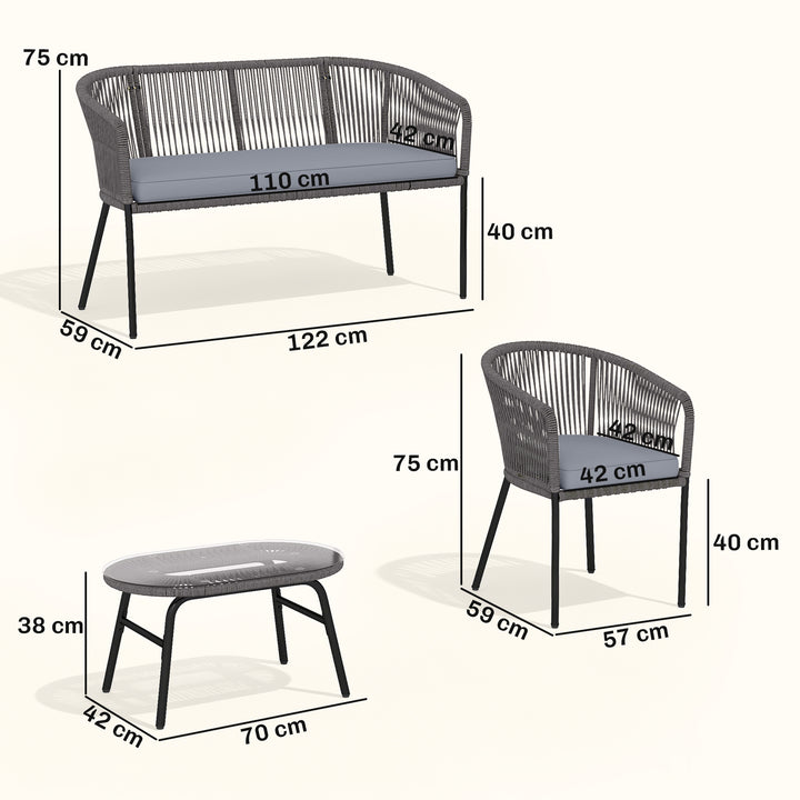 4 Piece Garden Furniture Set, Rope Garden Sofa Set with 1 Loveseat 2 C