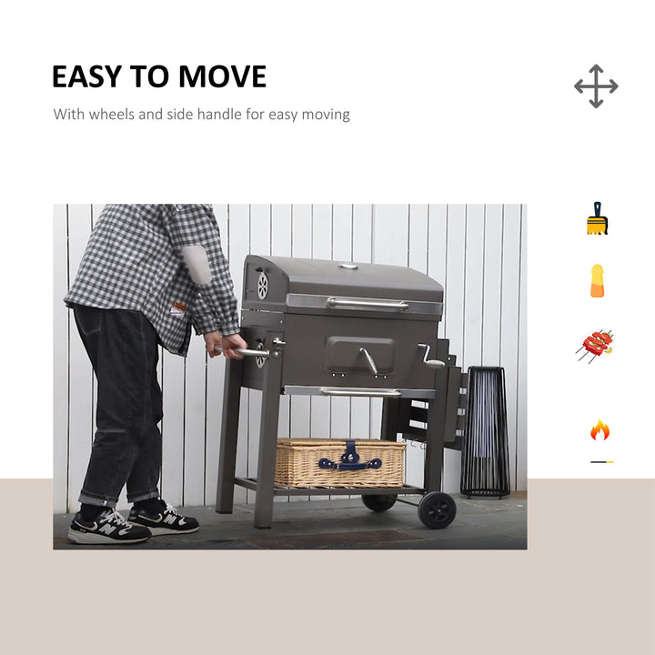 Charcoal Grill BBQ Trolley with Adjustable Charcoal Grate, Garden Metal Smoker Barbecue with Shelf, Side Table, Wheels, Built-in Thermometer, Bottle Opener