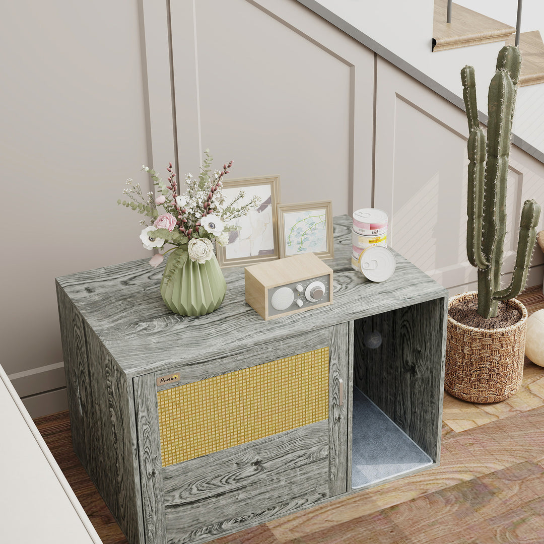 Cat Litter Box Enclosure with Rattan Door, Scratching Mat, Toy Ball, Non-Slip Foot Pads, Grey