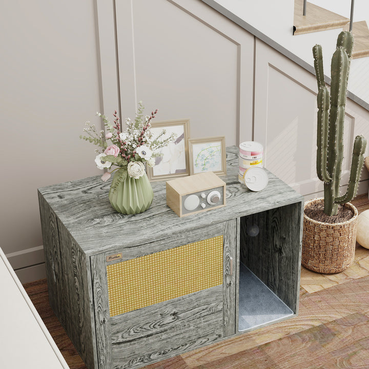 Cat Litter Box Enclosure with Rattan Door, Scratching Mat, Toy Ball, Non-Slip Foot Pads, Grey