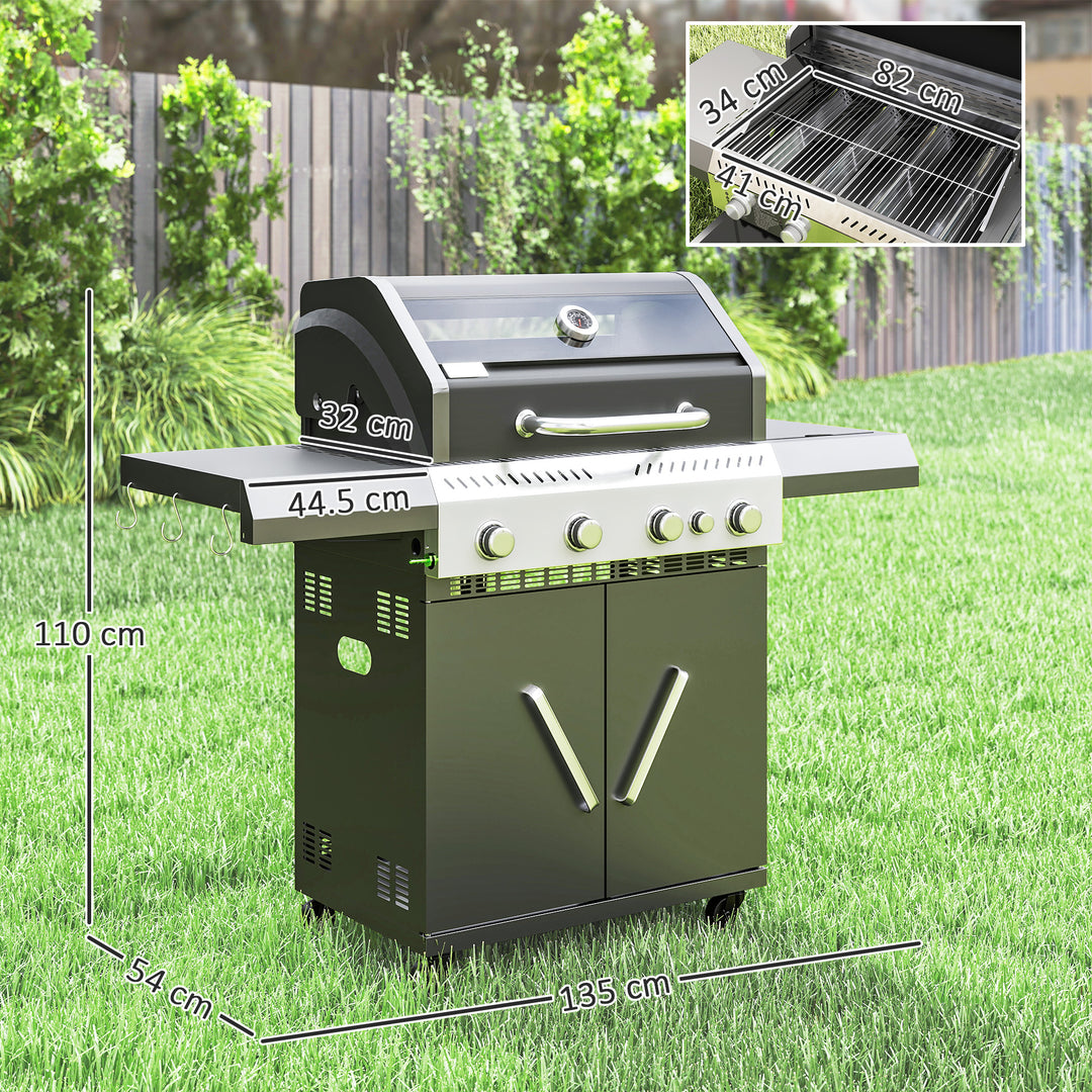4+1 Burner Gas BBQ Grill with Clear View Lid, Portable Gas Barbecue Grill with Built-in Thermometer, Side Table, Cabinet, Wheels, Grease Tray for Garden Party Outdoor Cooking, Black