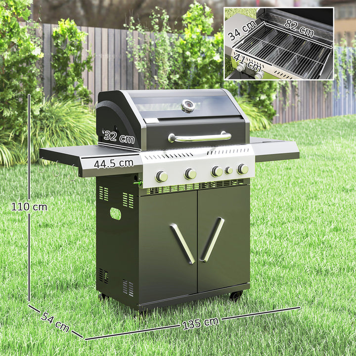 4+1 Burner Gas BBQ Grill with Clear View Lid, Portable Gas Barbecue Grill with Built-in Thermometer, Side Table, Cabinet, Wheels, Grease Tray for Garden Party Outdoor Cooking, Black