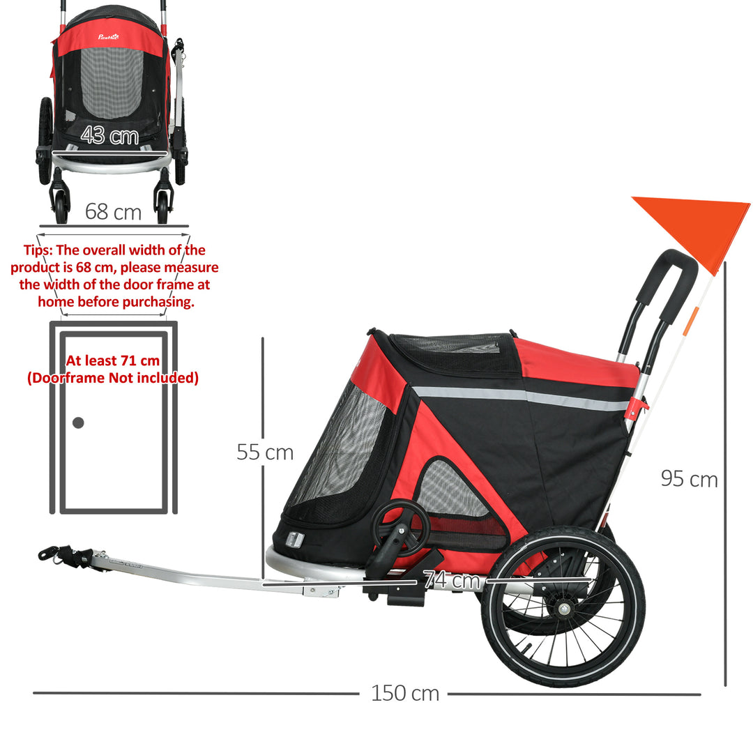 PawHut Aluminium 2-in-1 Foldable Dog Bike Trailer & Pet Stroller for Medium Dogs, Portable with Safety Flag, Red | Aosom UK