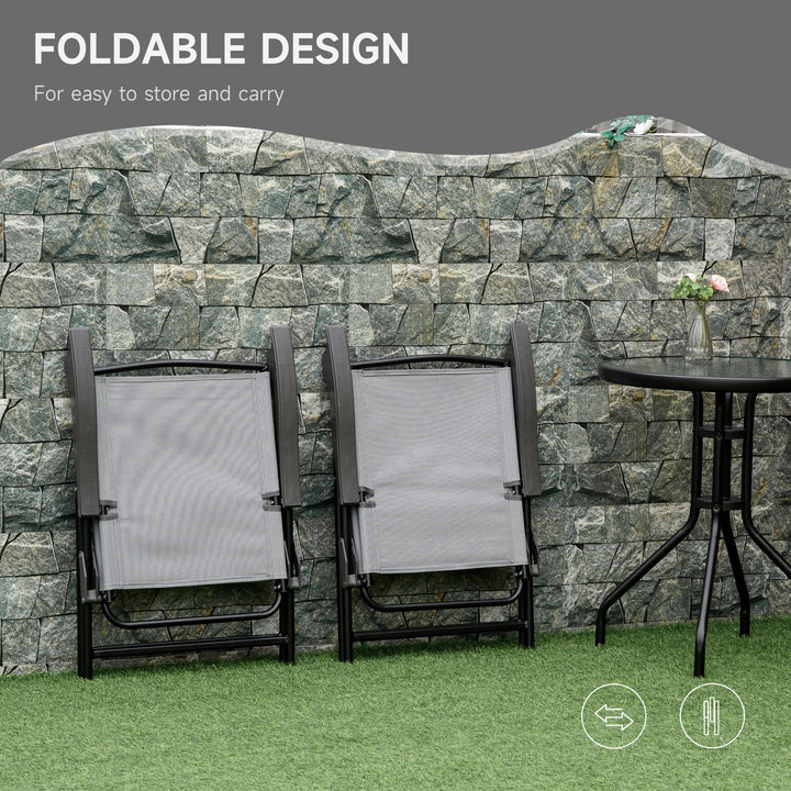 3 Piece Outdoor Bistro Set, Patio Conversation Furniture Set with 2 Folding Backrest Adjustable Armchairs and Glass Top Coffee Table, Grey