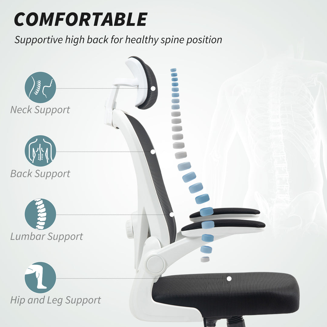Executive Office Chair, Ergonomic Mesh High Back Desk Chair with Flip-up Armrest, Rotatable Headrest, Adjustable Lumbar Support for Home Study, Black