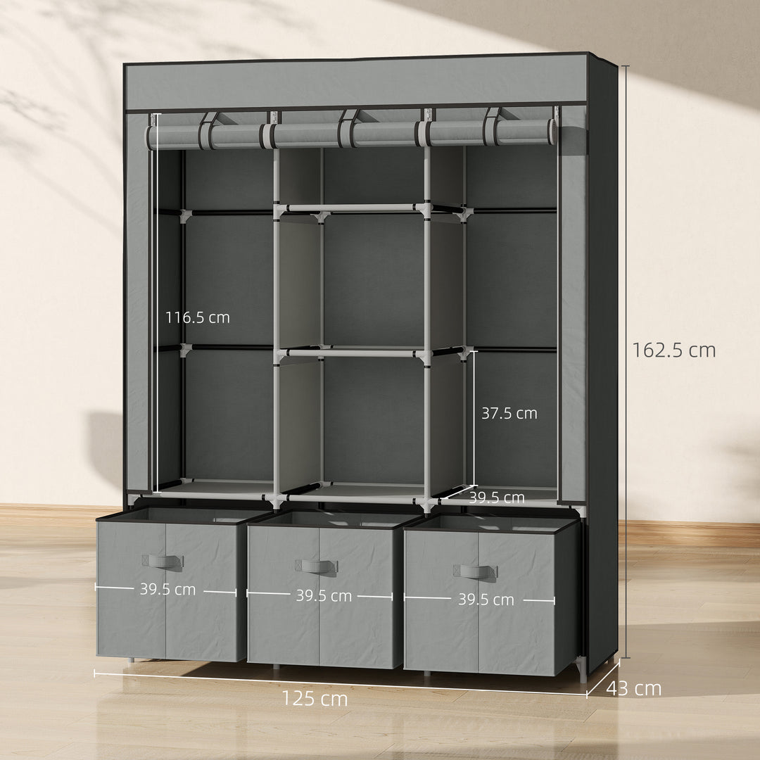 Fabric Wardrobe for Bedroom, Portable Wardrobe with 5 Shelves, 2 Hanging Rails and 3 Fabric Drawers, Foldable Closet, 125 x 43 x 162.5cm, Light Grey