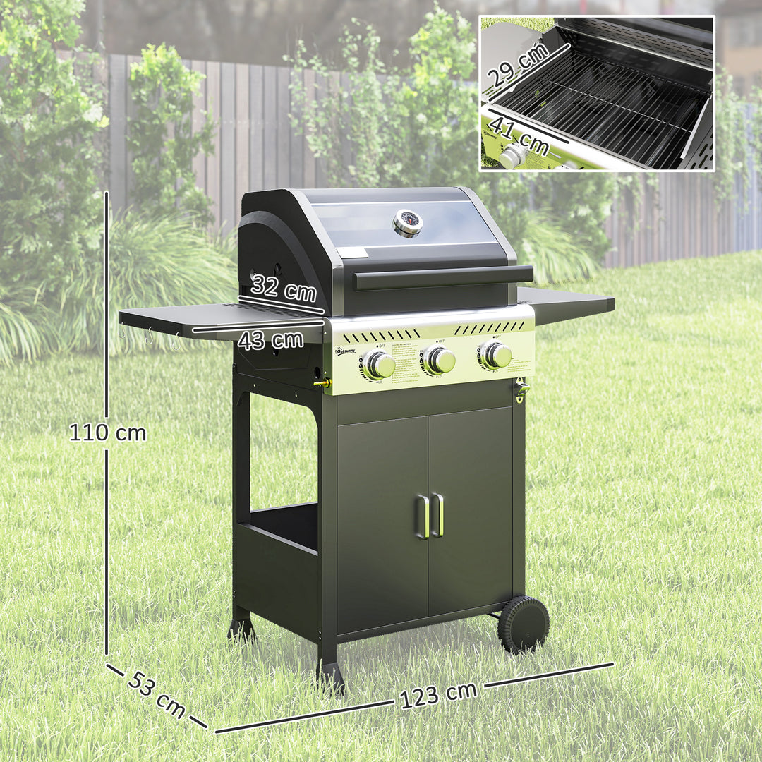 7.5kW Three-Burner Gas BBQ Grill, with See-Through Lid - Black