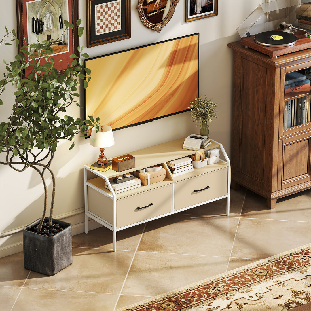 TV Stand Cabinet, TV Unit for 55-inch TVs with 2 Foldable Fabric Drawers, 5 Divided Side Pockets, Open Shelves, Console Table for Living Room, Bedroom, Entertainment Room, Natural Wood Finish
