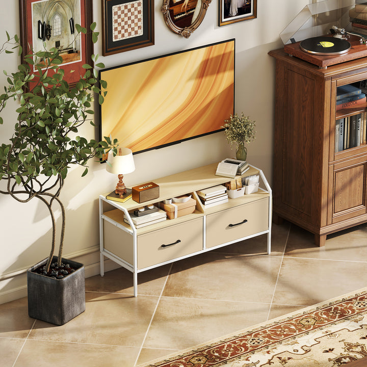 TV Stand Cabinet, TV Unit for 55-inch TVs with 2 Foldable Fabric Drawers, 5 Divided Side Pockets, Open Shelves, Console Table for Living Room, Bedroom, Entertainment Room, Natural Wood Finish