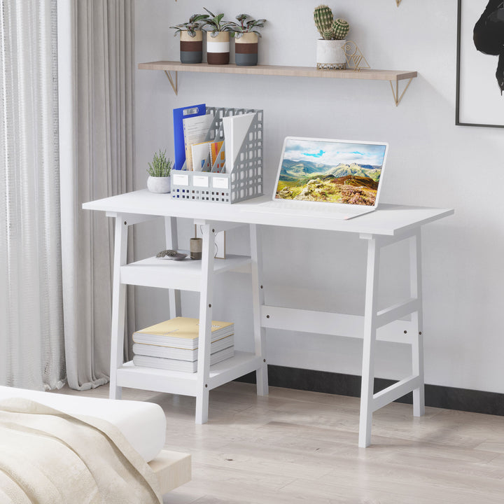 HOMCOM Study Table with Bookshelf, Compact Computer Desk with Storage Shelves, PC Workstation for Home Office, White.